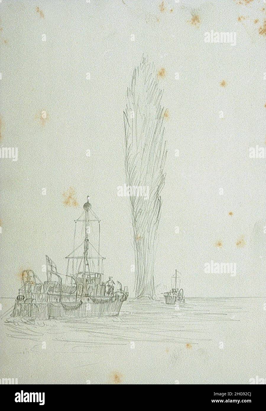 Sketch of two Elco motor launches and an exploding mine Stock Photo - Alamy