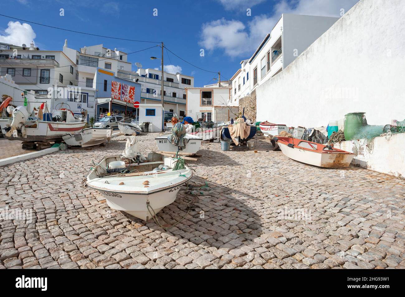 Village center with mooring for fishing boats, Burgau, Algarve, Portugal, Europe Stock Photo