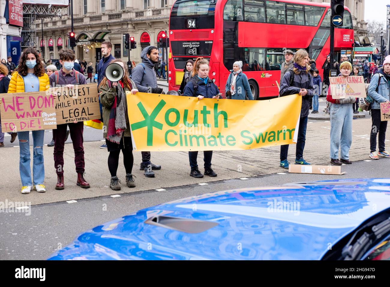 15th January 2022: Young climate activists take part in Youth Climate Swarm at Piccadilly Circus, central London. Stock Photo