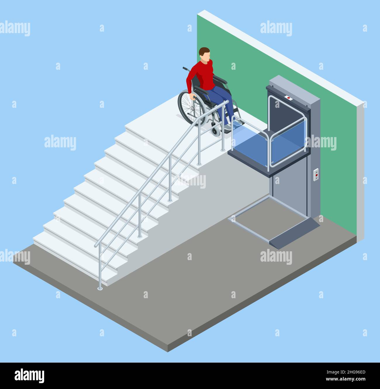 Isometric modern wheelchair lift near the building. The special elevator for the disabled. Adaptation for people with disabilities, disabled people Stock Vector
