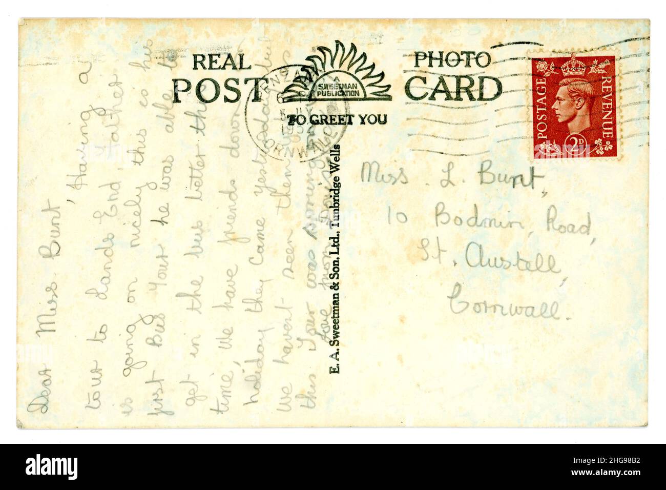 1950's greetings postcard posted on 5 July 1952, 2d King George V1 stamp. U.K. Stock Photo