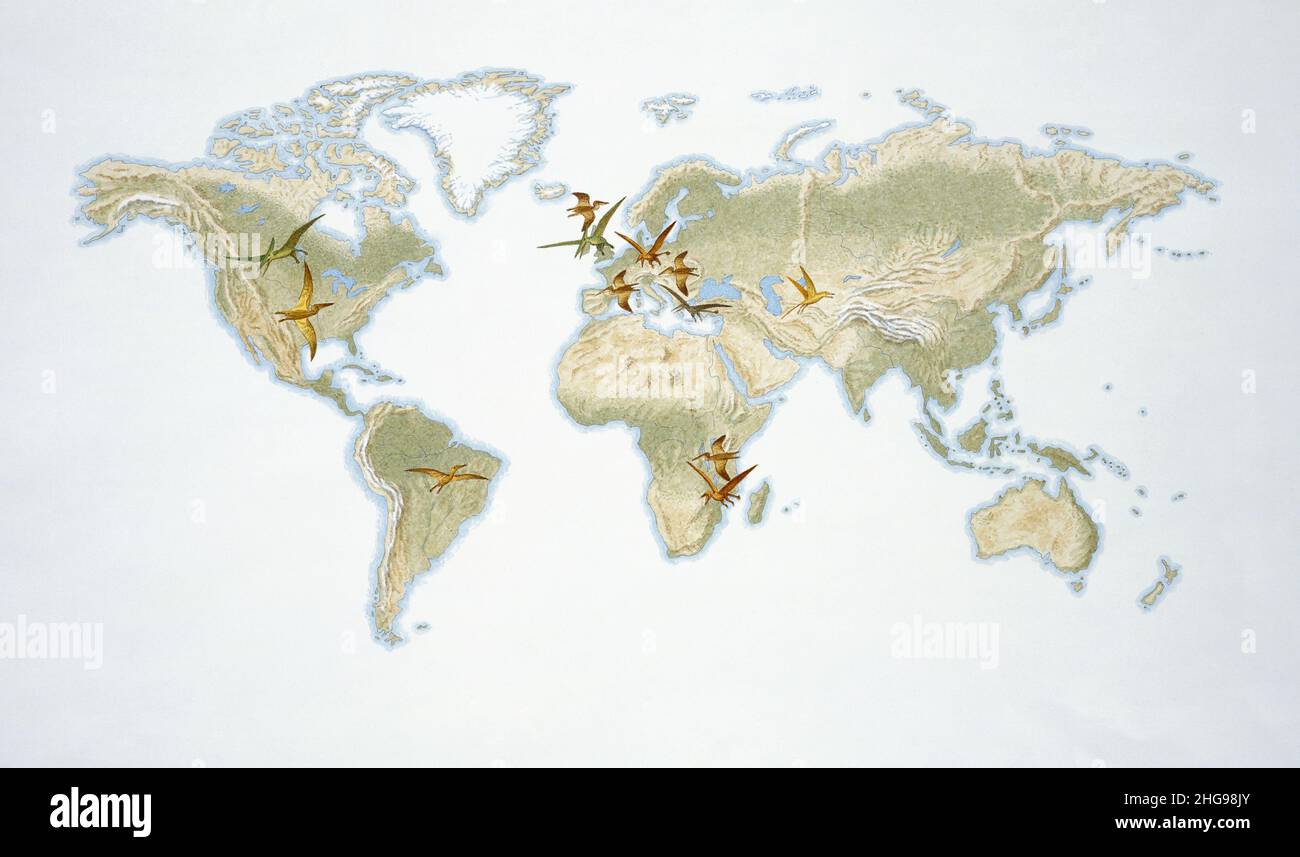 Map of the world with flying reptiles, illustration Stock Photo Alamy