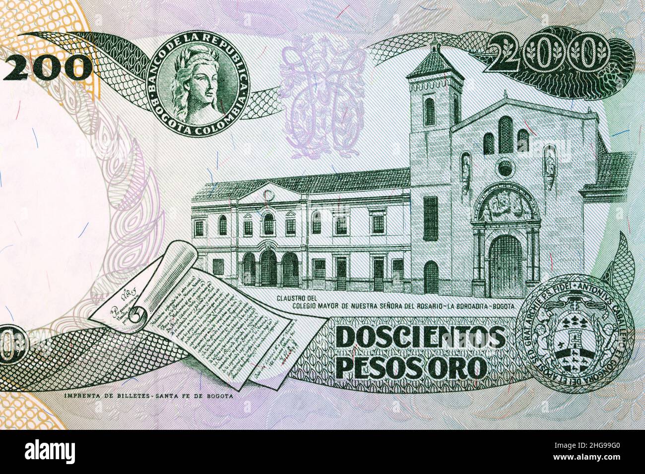 Monastery of the Colegio Mayor de Nuestra Senora del Rosario in Bogota from Colombian money Stock Photo