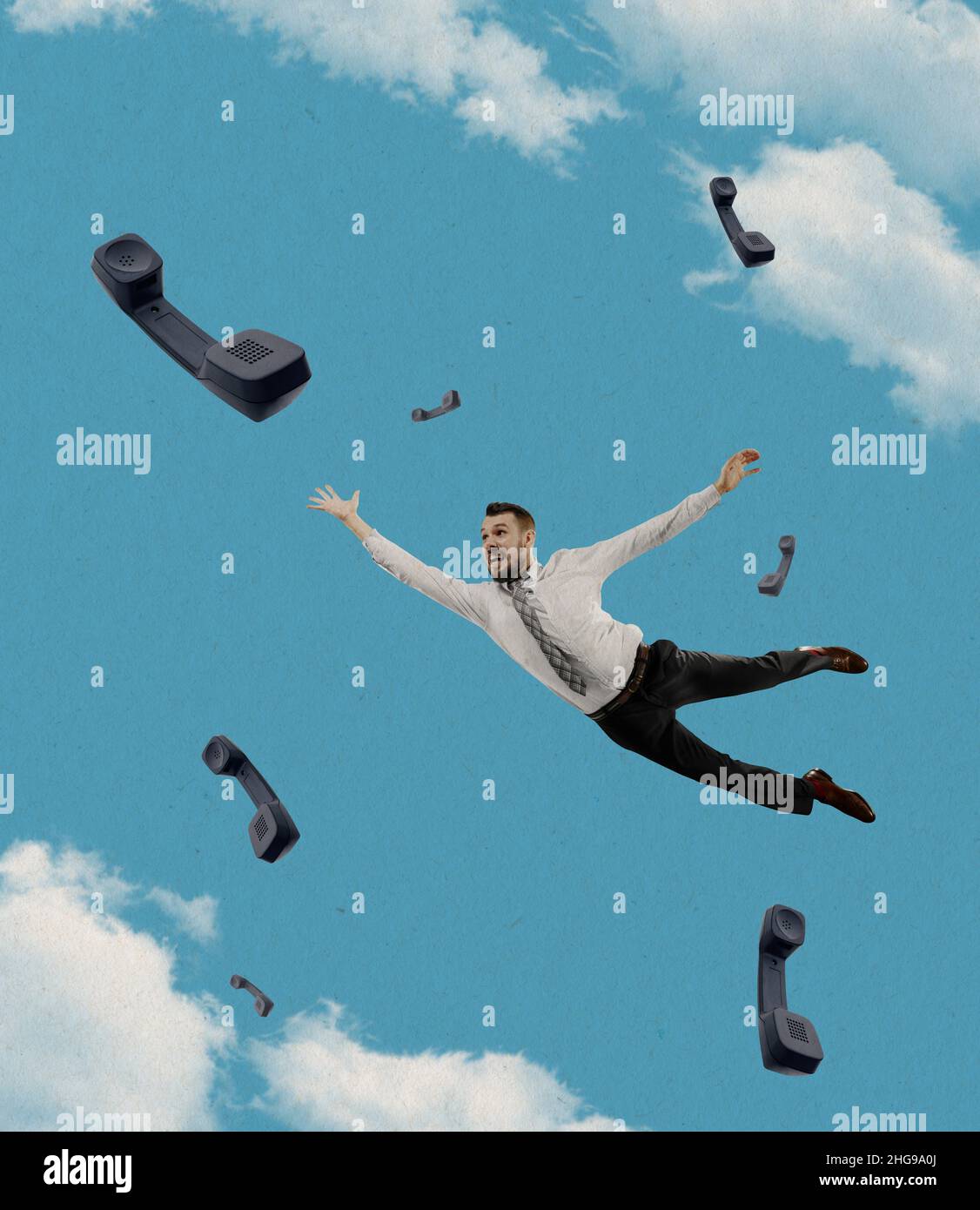 Businessman flying and catching retro handsets, phones. Contemporary art collage. Inspiration, idea, trendy urban magazine style. Surrealism. Stock Photo