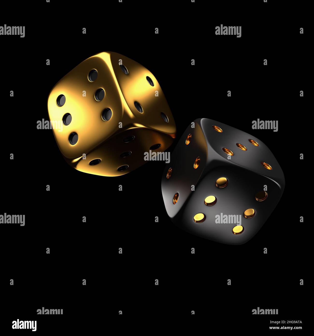 golden and black dice on a black background. 3d rendering Stock Photo