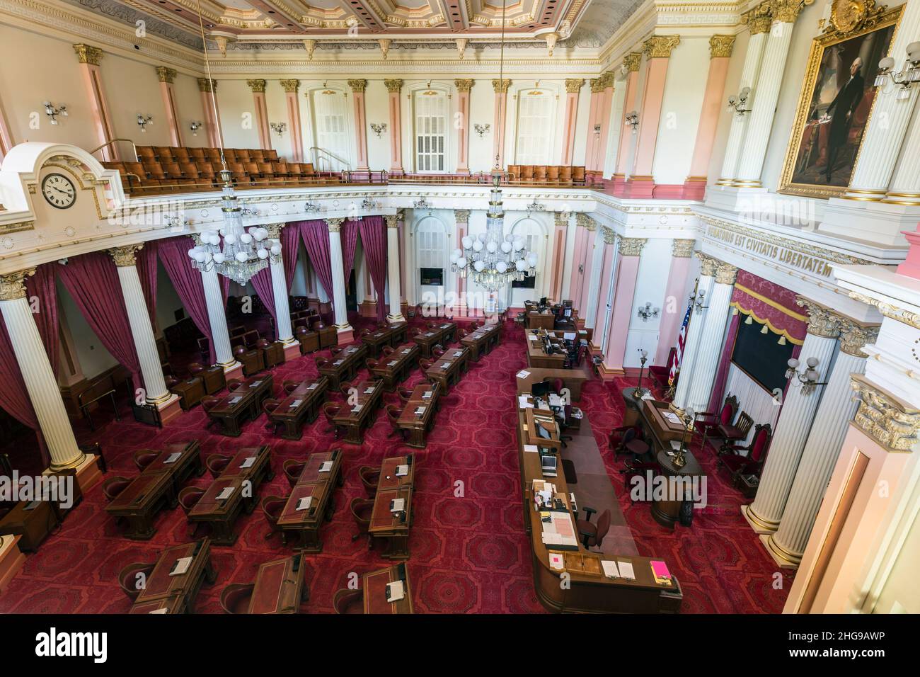Sacramento, California, USA - July 4, 2014:  Interior of the California State Senate meeting room in the state capitol building in Sacramento, Califor Stock Photo