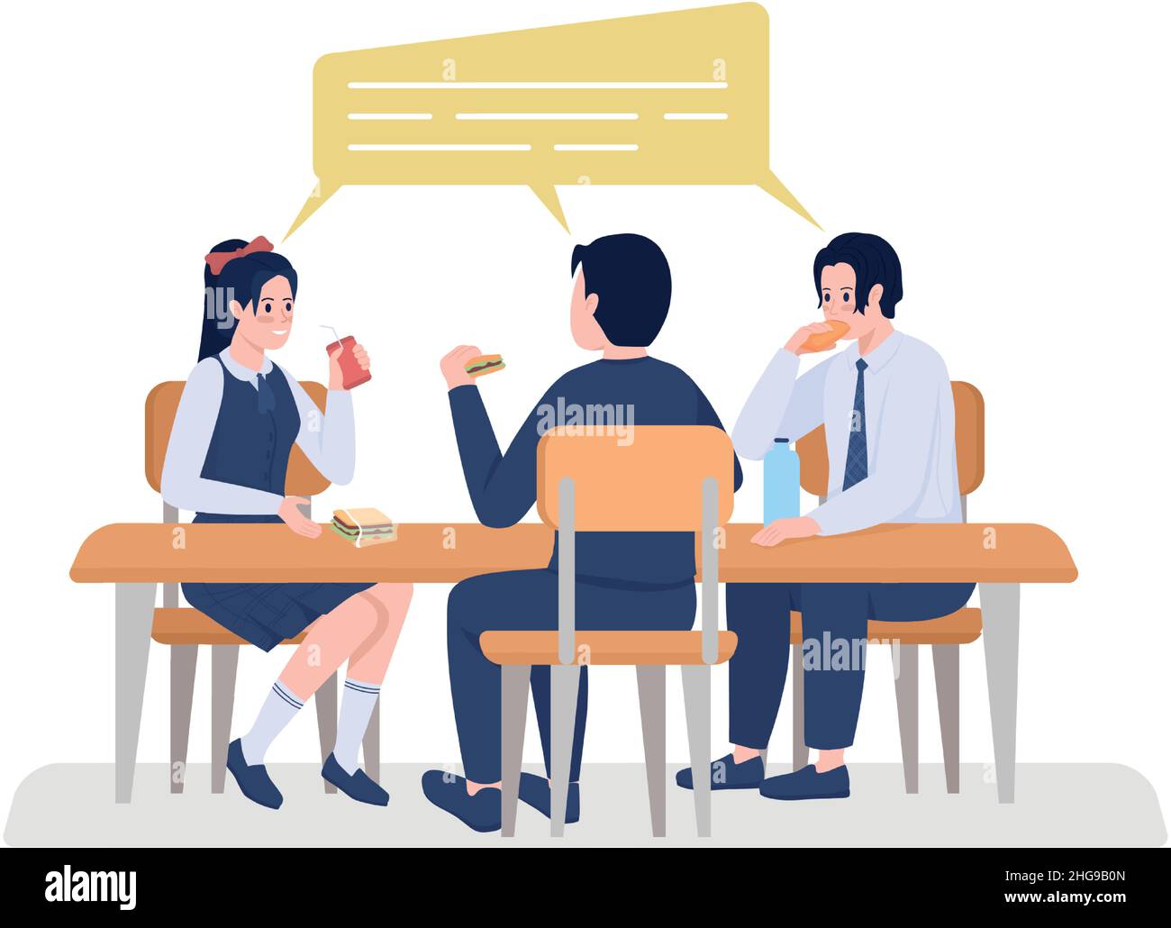 School students on lunch semi flat color vector characters Stock Vector
