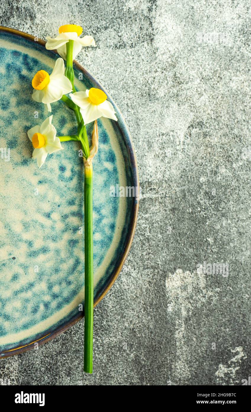 Narcissus flower on a ceramic plate Stock Photo