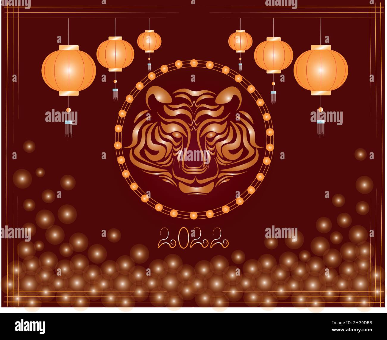 Chinese lanterns shine with prosperity, the noble tiger will bring good luck to everyone, the holiday lights make families happy, year of the tiger, C Stock Vector