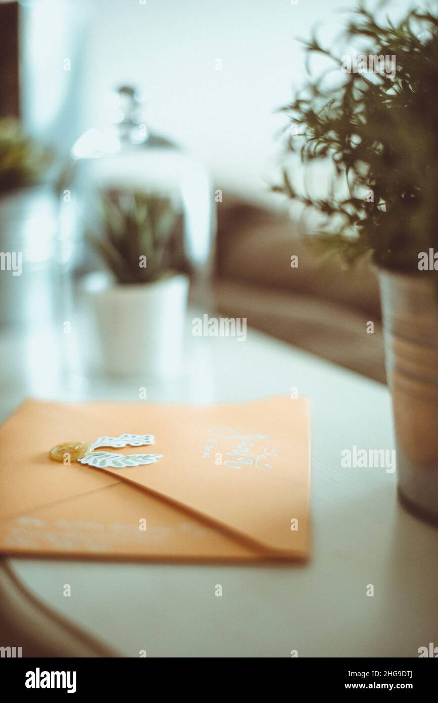 A letter to Santa on a table next to houseplants Stock Photo