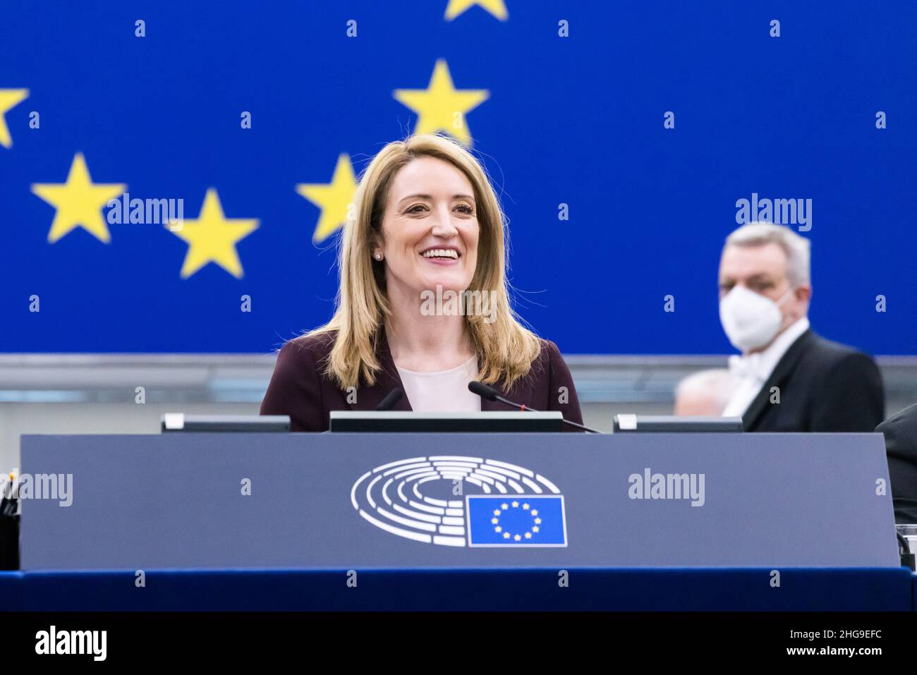 Strasbourg, France. 19 January 2022, France, Straßburg: Roberta Metsola (Partit Nazzjonalista), President of the European Parliament, sits in the Chamber of the European Parliament at the beginning of the plenary session. During today's plenary session of the European Parliament, among others, the French President Macron will give a speech and present the objectives of the beginning Presidency of the Council of his country. Photo: Philipp von Ditfurth/dpa Credit: dpa picture alliance/Alamy Live News Stock Photo