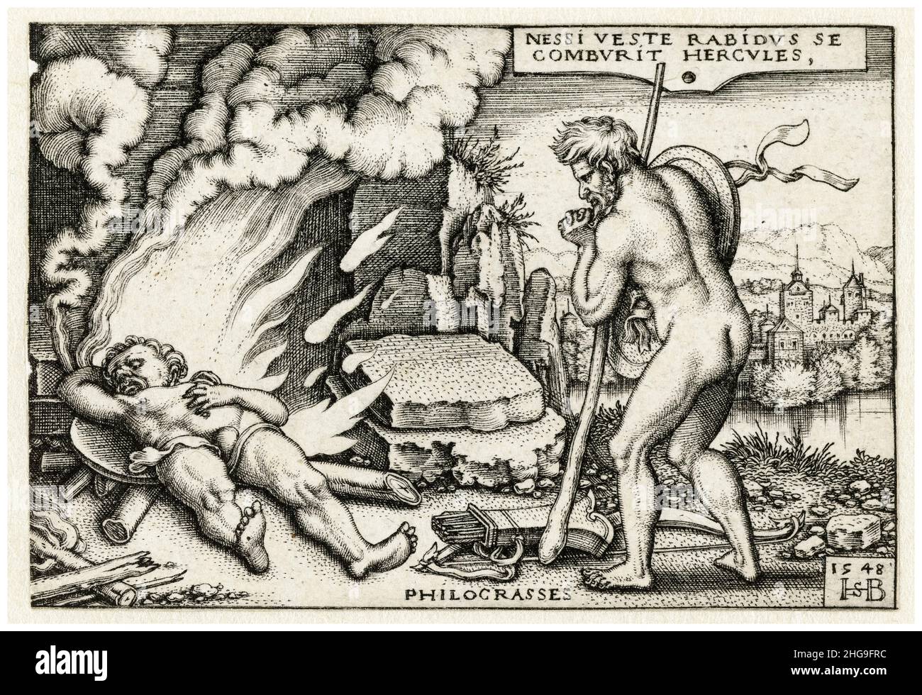 Death of Hercules at the stake and Philoctetes, engraving by Sebald Beham, 1548 Stock Photo