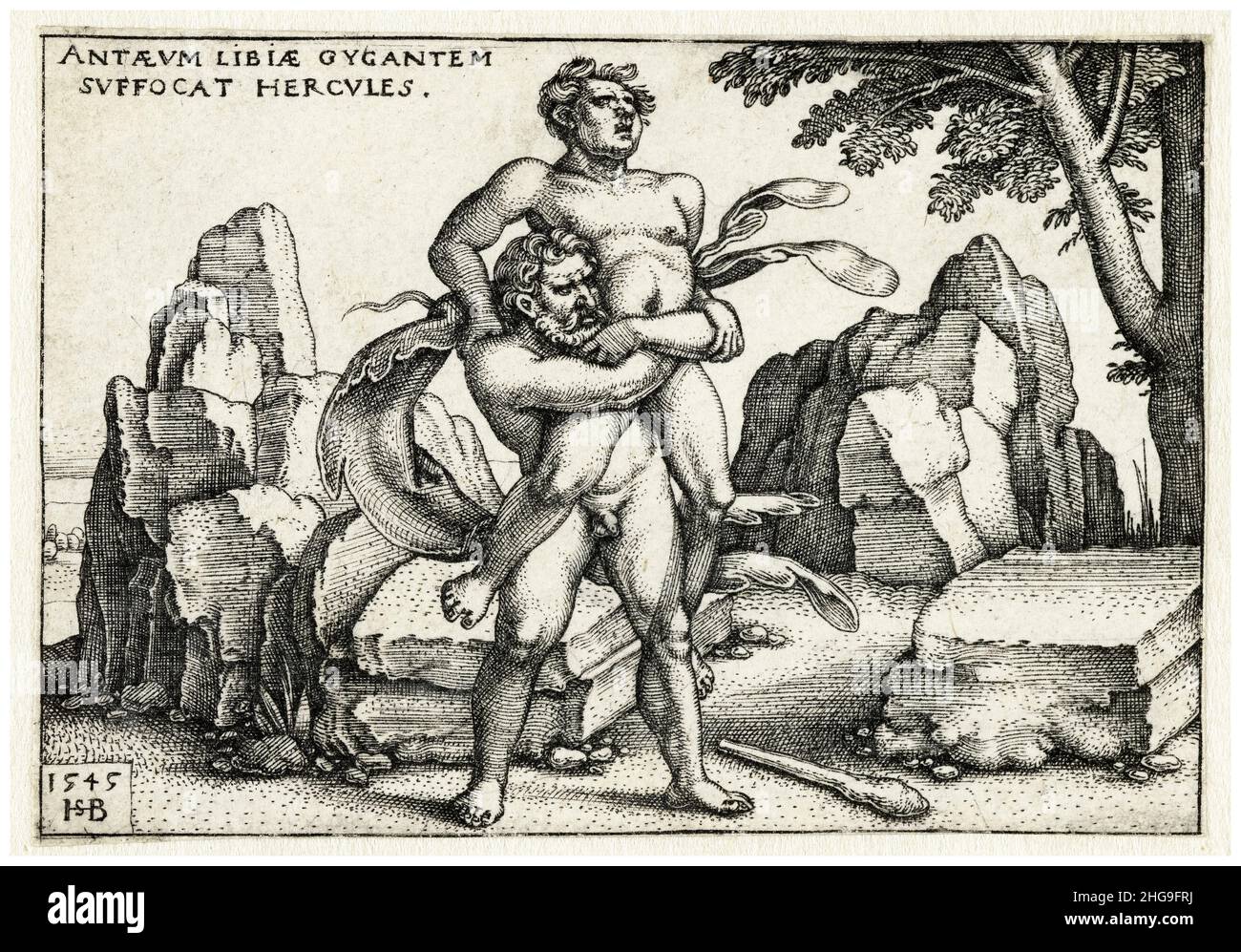 Hercules wrestles with Antaeus, engraving by Sebald Beham, 1545 Stock Photo