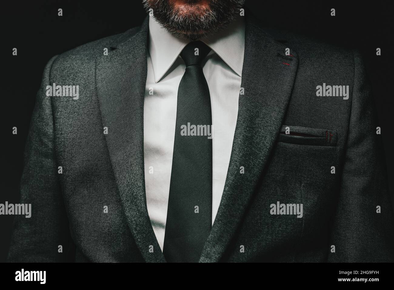 Elegant confident businessman in dark gray suit, low key concept for career and employment themes Stock Photo