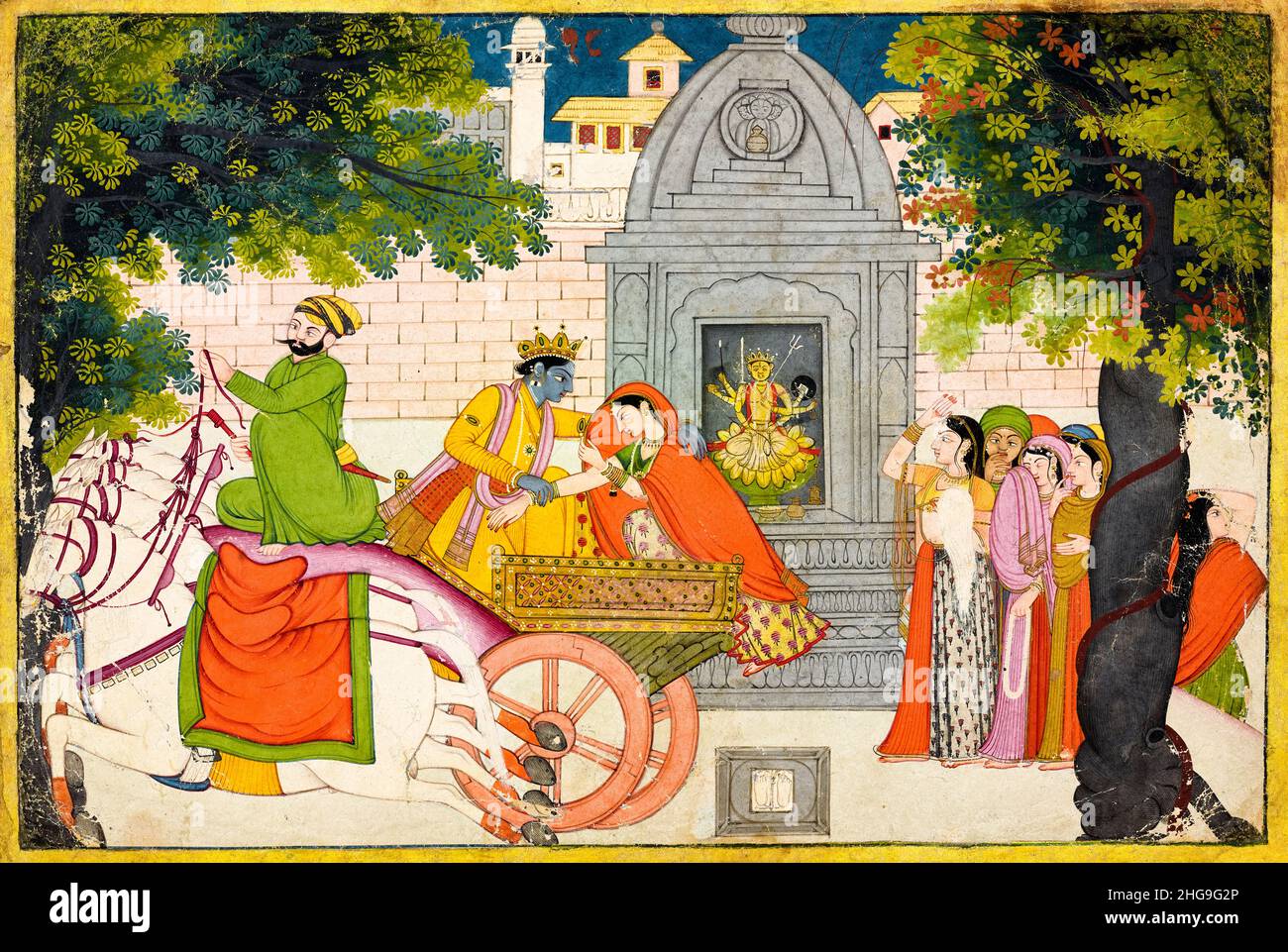 Rukmini elopes with Krishna, 18th Century painting by unknown Indian artist, circa 1780 Stock Photo