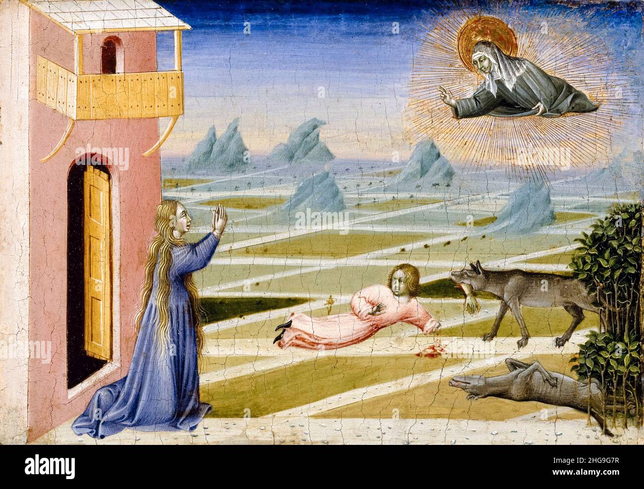 Saint Clare rescuing a Child mauled by a Wolf, 15th Century painting by Giovanni di Paolo, 1455-1460 Stock Photo