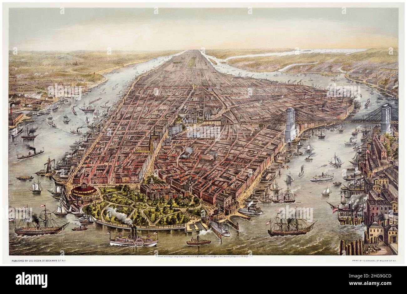19th Century aerial view of New York with Battery Park in the foreground and the Brooklyn Bridge on the right, lithographic print by George Schlegel, 1873-1874 Stock Photo