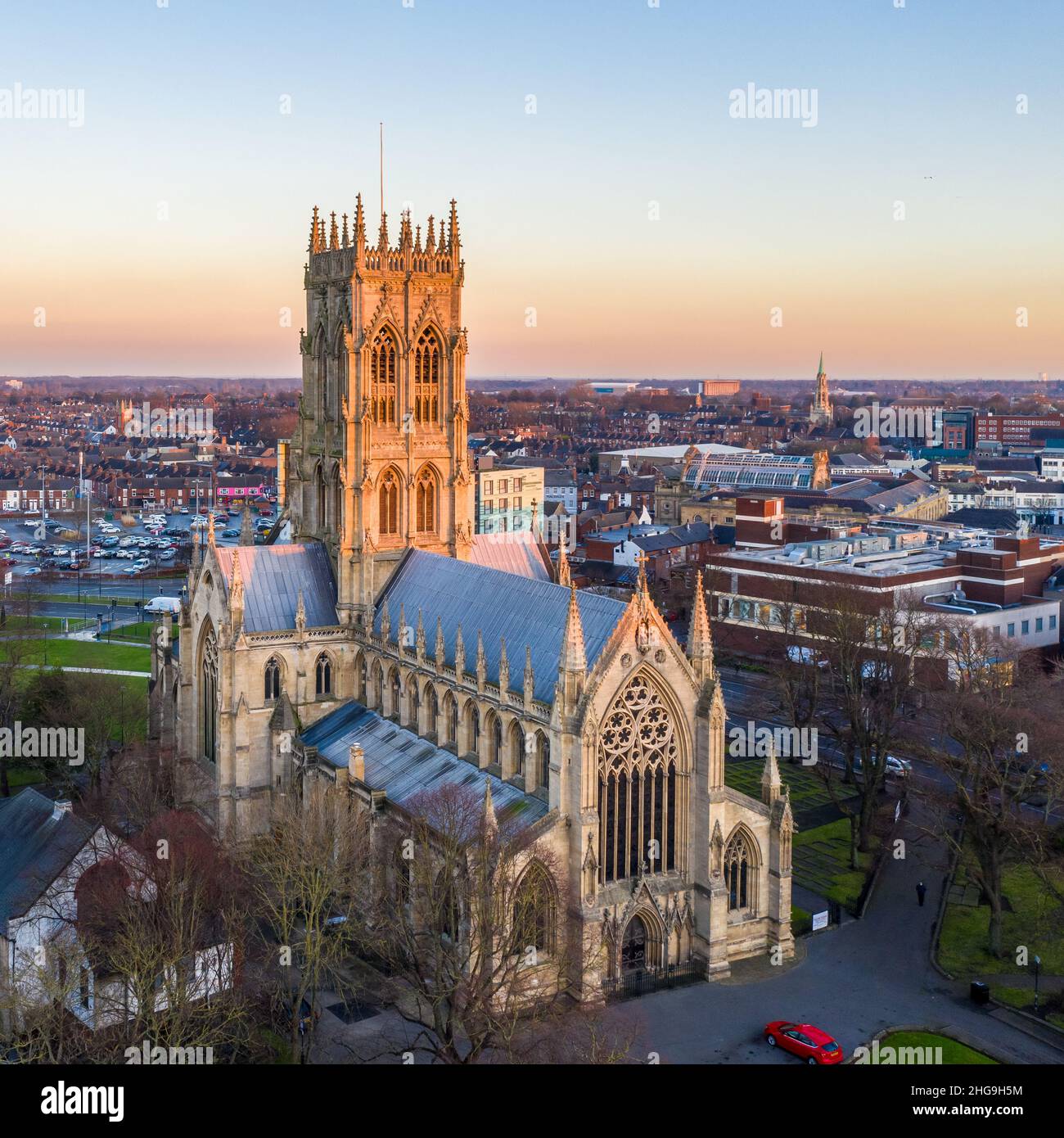 An aerial view of St George's church or Doncaster Minster at sunset Stock Photo