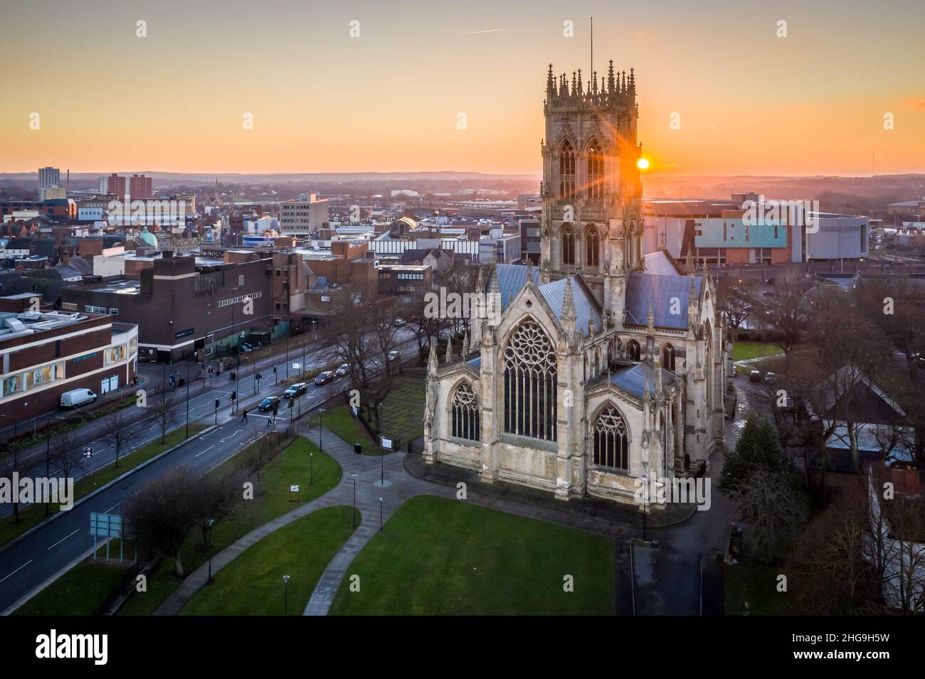 An aerial view of St George's church or Doncaster Minster at sunset Stock Photo