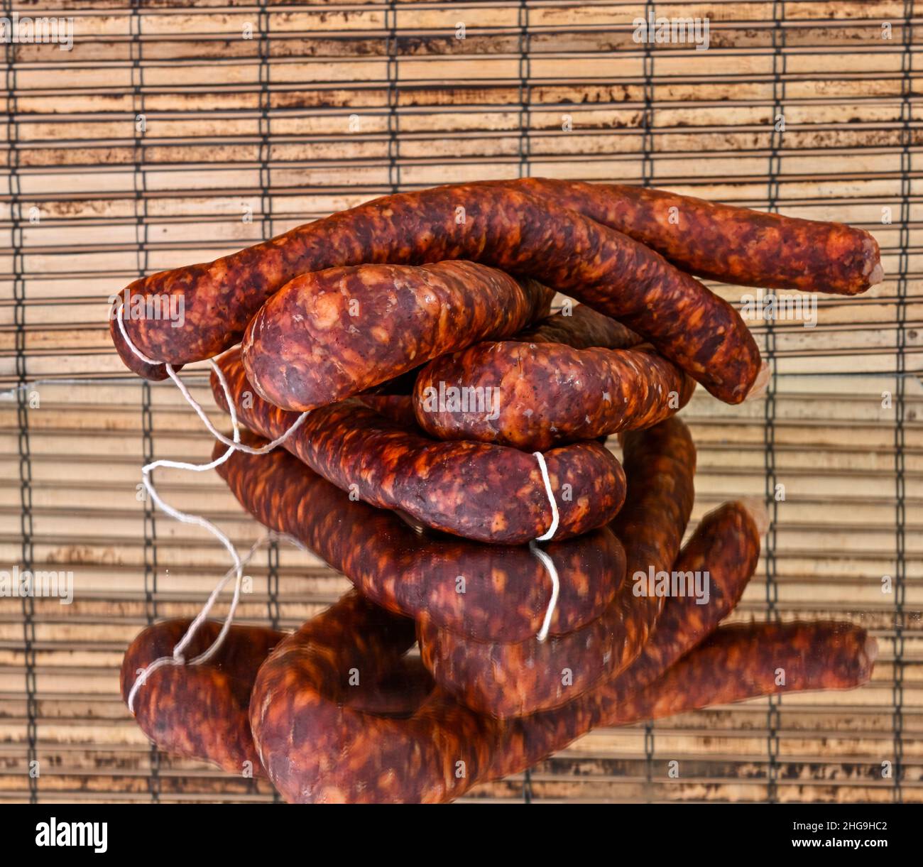 Different types of ingredients and sausages made by hand Stock Photo