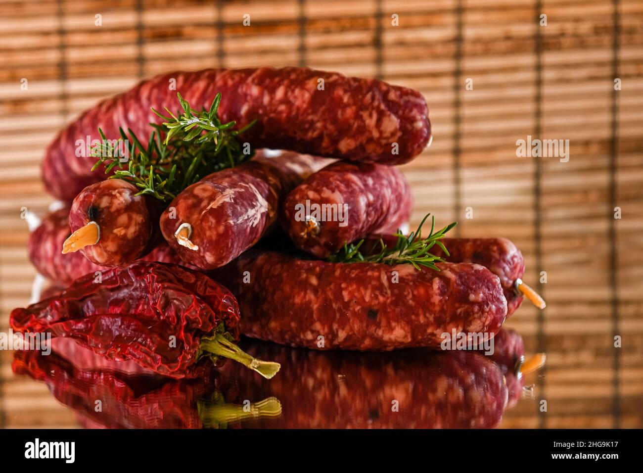 Different types of ingredients and sausages made by hand Stock Photo