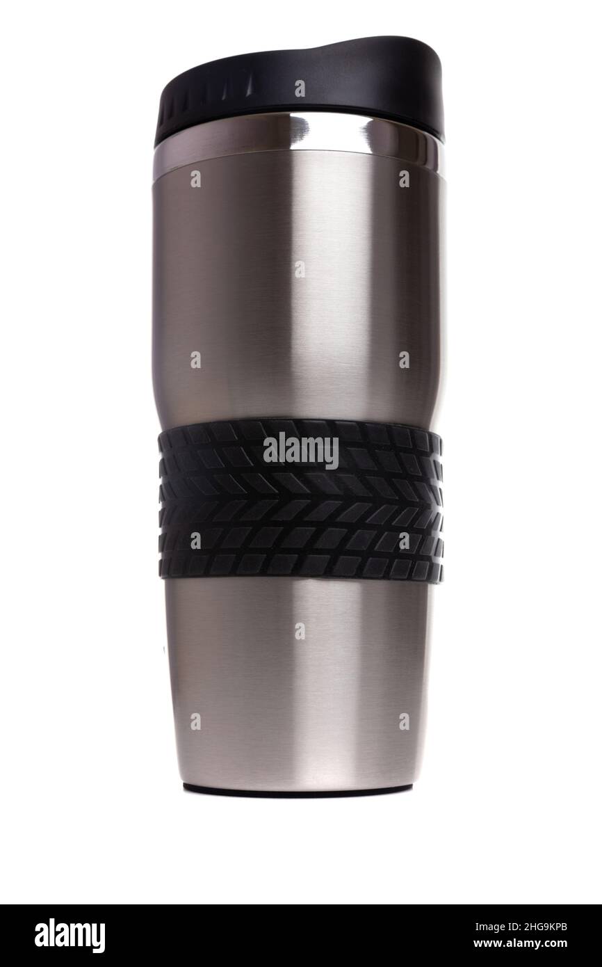 metal glass thermos for coffee or tea with a rubber handle and a