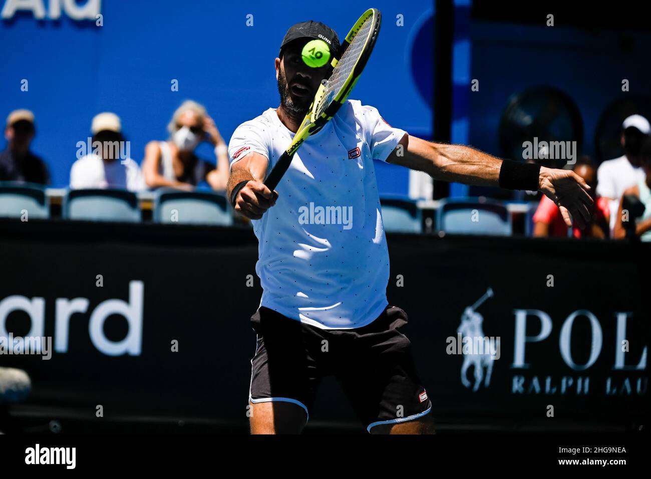MELBOURNE, AUSTRALIA - JANUARY 19: Jean-Julien Rojer of the Netherlands plays a volley in his Men's Doubles First Round match with Marcelo Arevalo of El Salvador against Botic van de Zandschulp of the Netherlands and Robin Haase of the Netherlands during the Australian Open 2022 at Melbourne Park on January 19, 2022 in Melbourne, Australia (Photo by Andy Astfalck/Orange Pictures) Credit: Orange Pics BV/Alamy Live News Stock Photo
