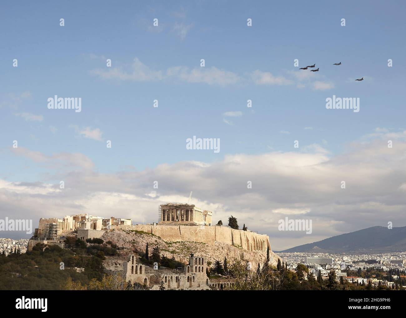Dassault Rafale airplanes flying above acropolis Athens , greek new Air Force Stock Photo