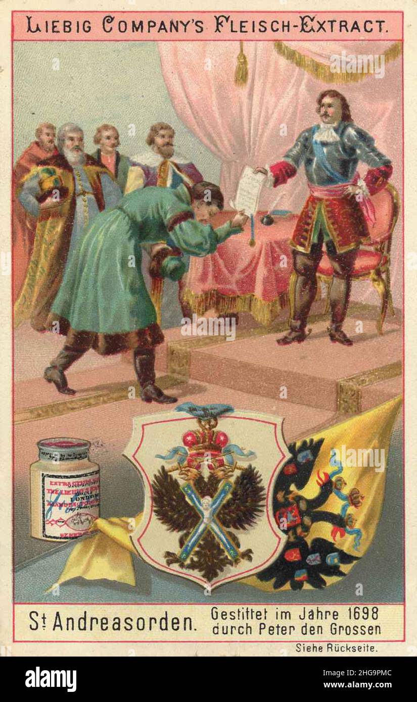 Picture series Order, Order of St. Andrew, founded in 1698 by Peter the Great  /  Bilderserie Orden, St. Andreasorden, gestiftet im Jahre 1698 durch Peter der Große, Liebigbild, digital improved reproduction of a collectible image from the Liebig company, estimated from 1900, pd  /  digital restaurierte Reproduktion eines Sammelbildes von ca 1900, gemeinfrei, Stock Photo