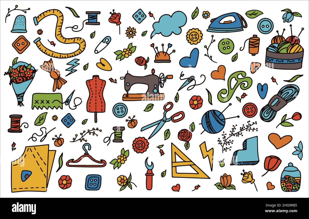 Big vector doodle sewing set. Vector tailoring tools icons. Sewing ...