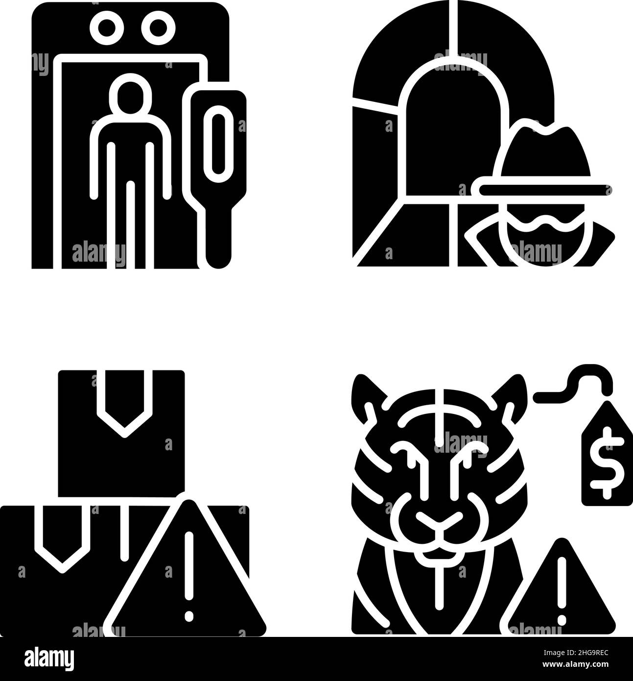 Smugglers activities prevention black glyph icons set on white space Stock Vector