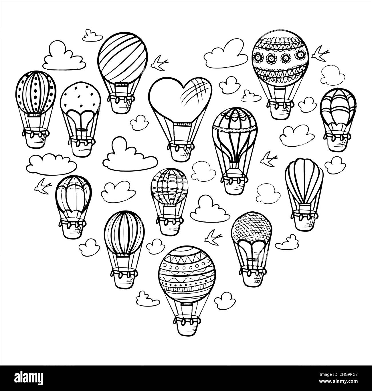 Doodle vector set of hot air balloons with clouds. Colorful hand draw illustration flying vehicles. Romantic balloons. Sky with tourist balloons for Stock Vector