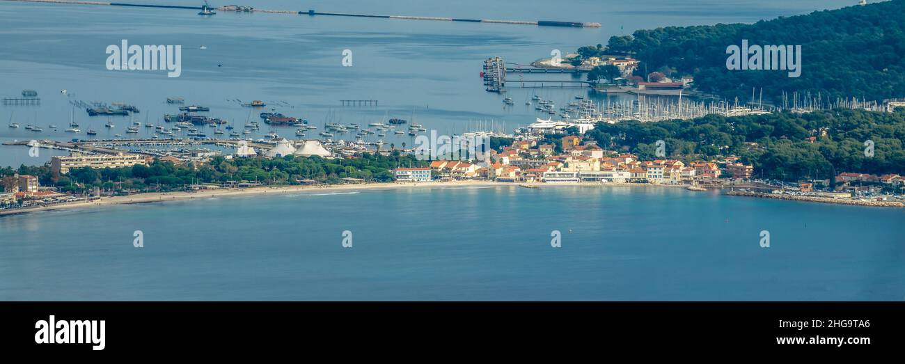 Aerial panoramic view of Les Sablettes beach, La Seyne-sur-Mer, Var, France Stock Photo
