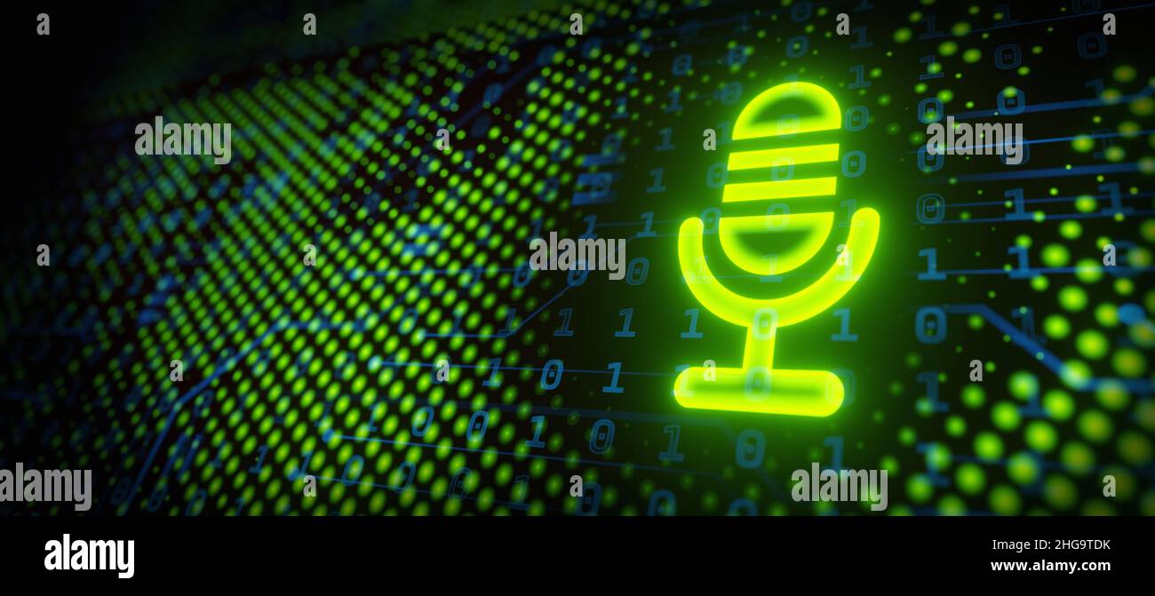 Neon microphone icon. Glowing neon futuristic podcast Stock Photo