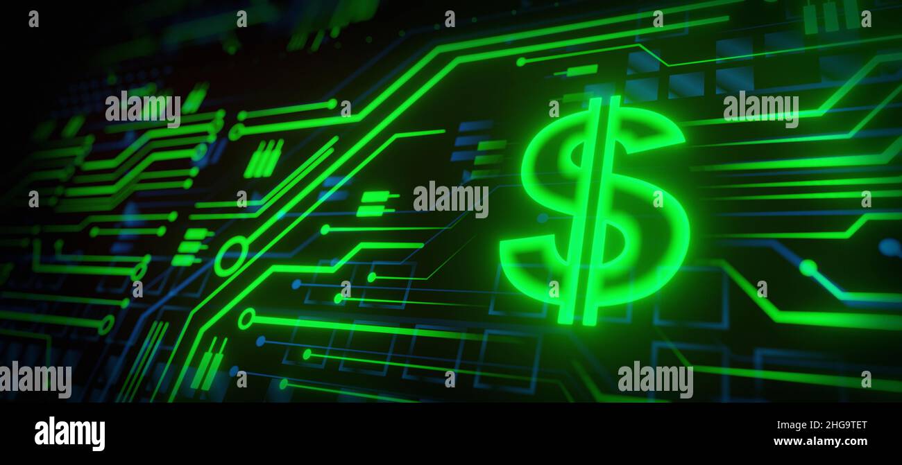 Digital currency USA dollar sign on abstract HUD technology background