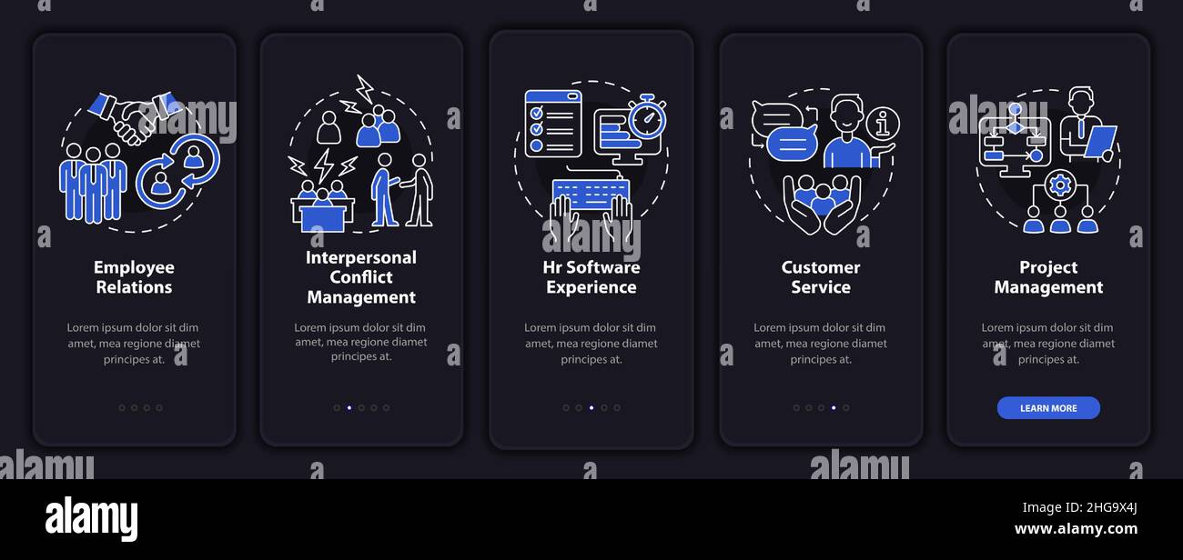 Skills for HR manager night mode onboarding mobile app screen Stock ...