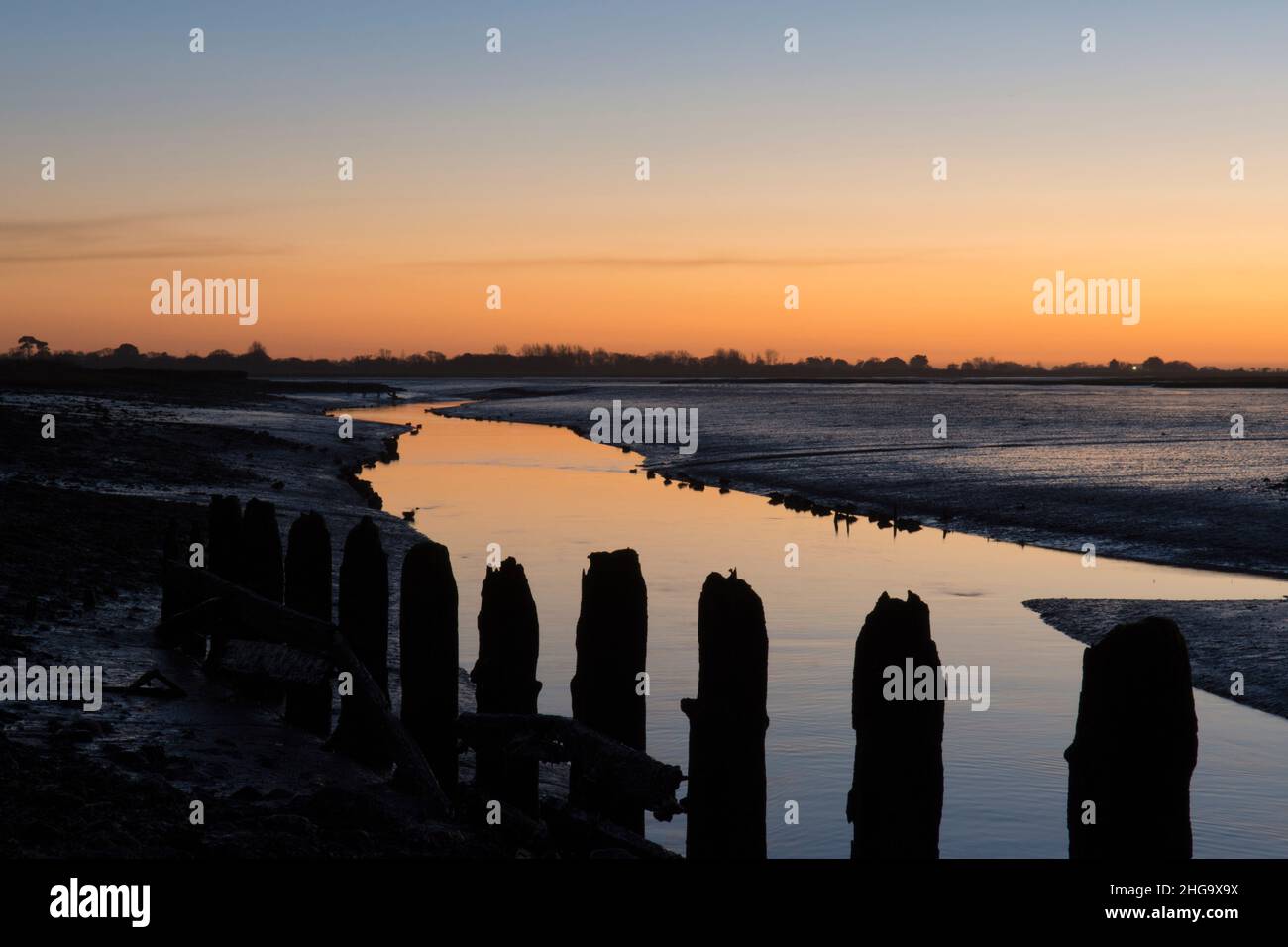 Sunset, twilight, over Pagham Harbour seen from the North Wall beside Salthouse, looking down White's Creek,  tide out, winter, Sussex, UK Stock Photo