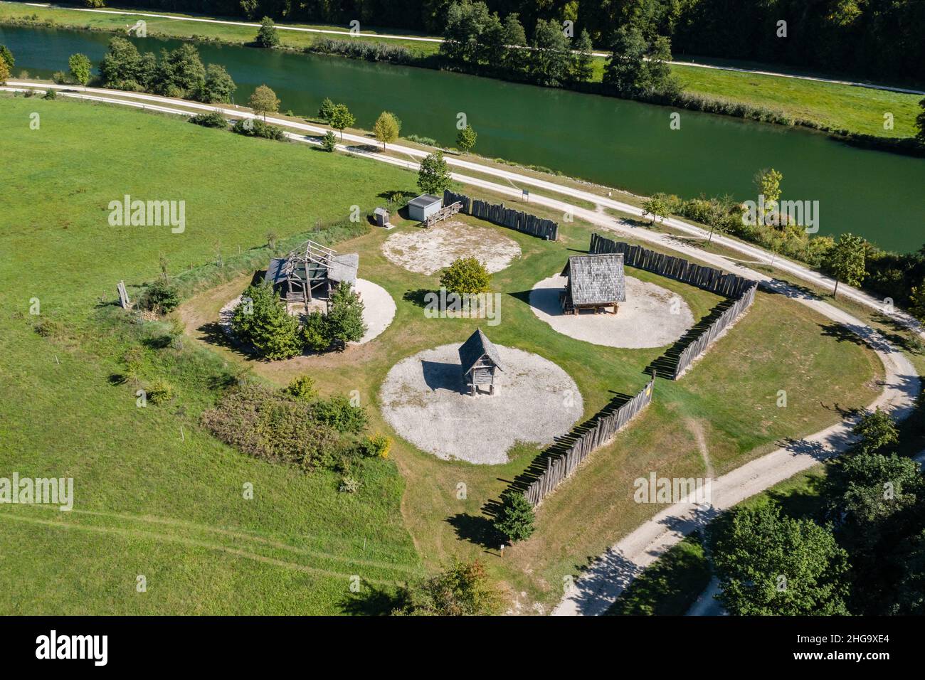 aerial view of prehistoric village in nature park altmühltal, bavaria, germany Stock Photo