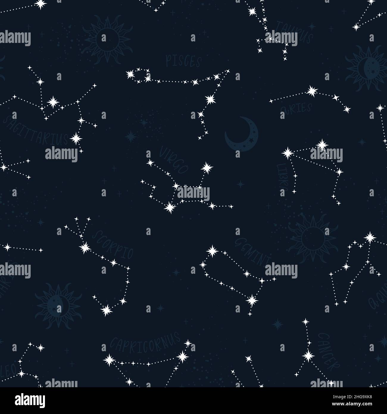 Trendy astrology seamless pattern, zodiac background hand drawn, stars ...