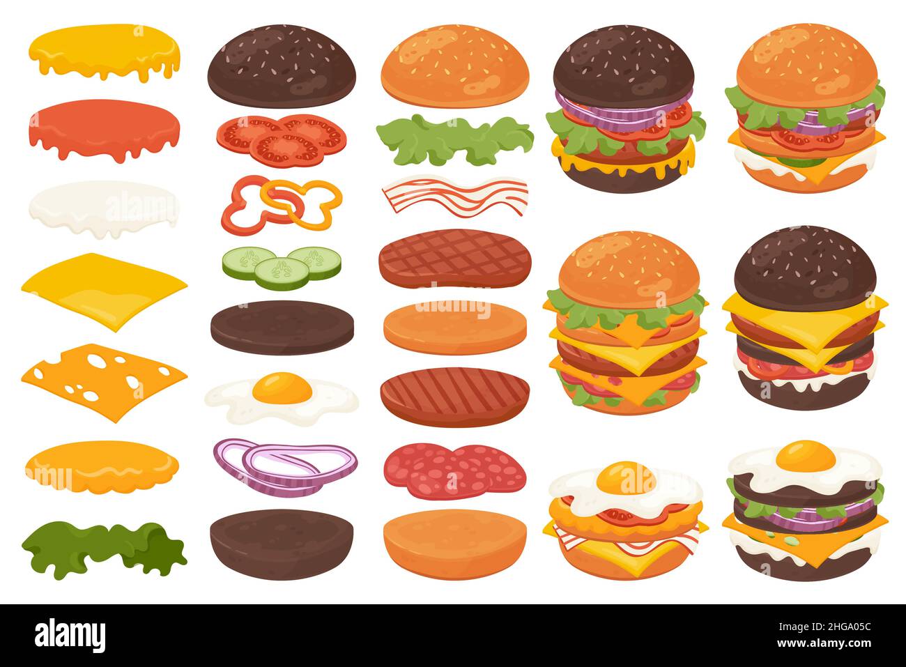 Burger or sandwich ingredients set vector illustration. Cartoon restaurant food menu with tasty beef cutlet and chorizo bacon, slices of cheddar cheese, veggie and in sauces in bun isolated on white Stock Vector