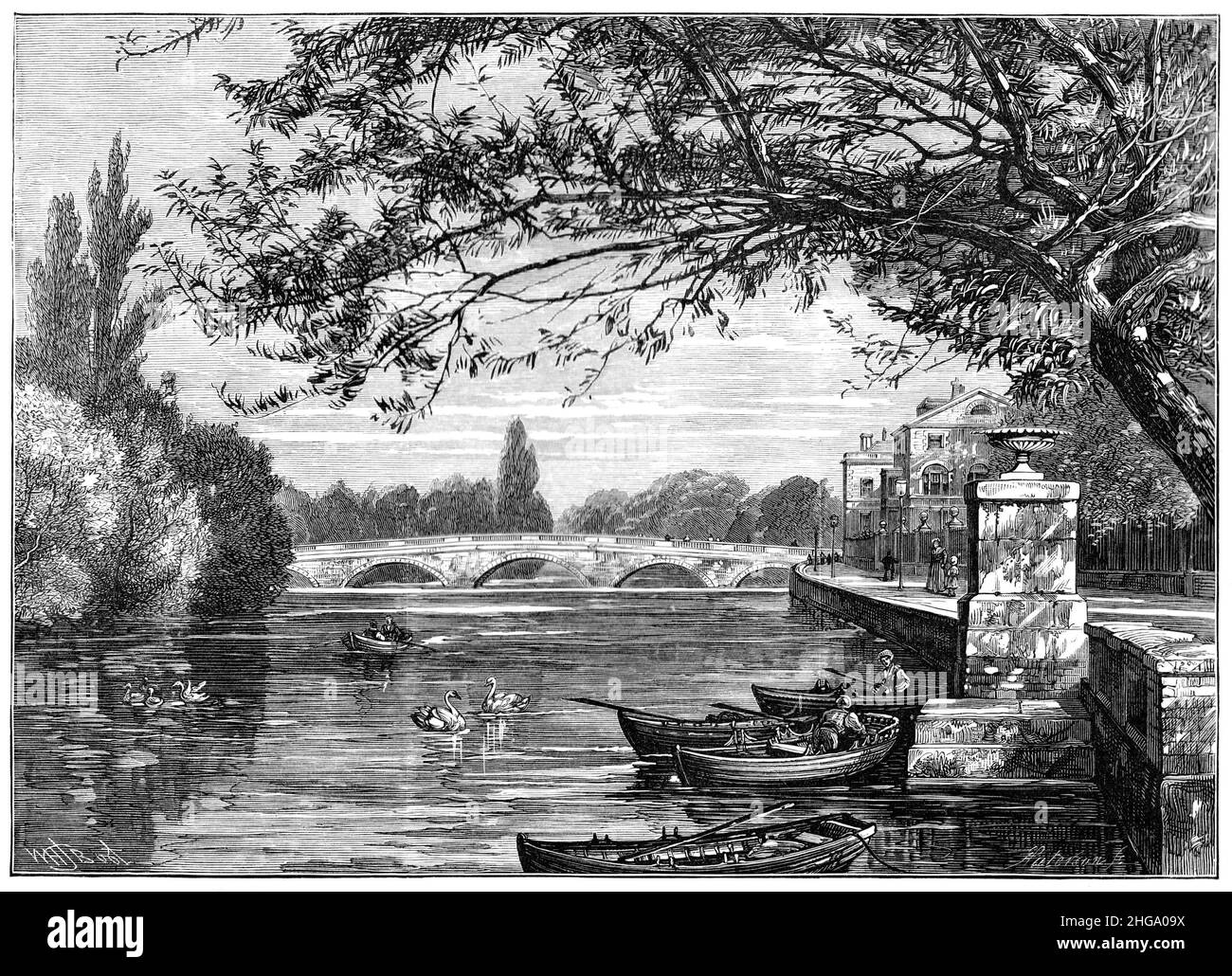 Black and White Illustration; Bridge over the River Ouse, Bedford, c1880 Stock Photo