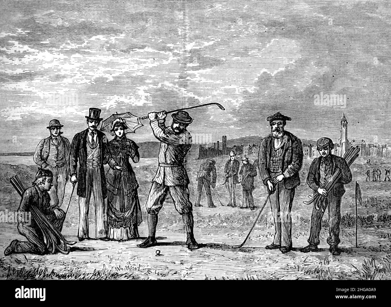 Black and White Illustration; Playing golf on the links at St Andrew's, Scotland, circa 1880 Stock Photo