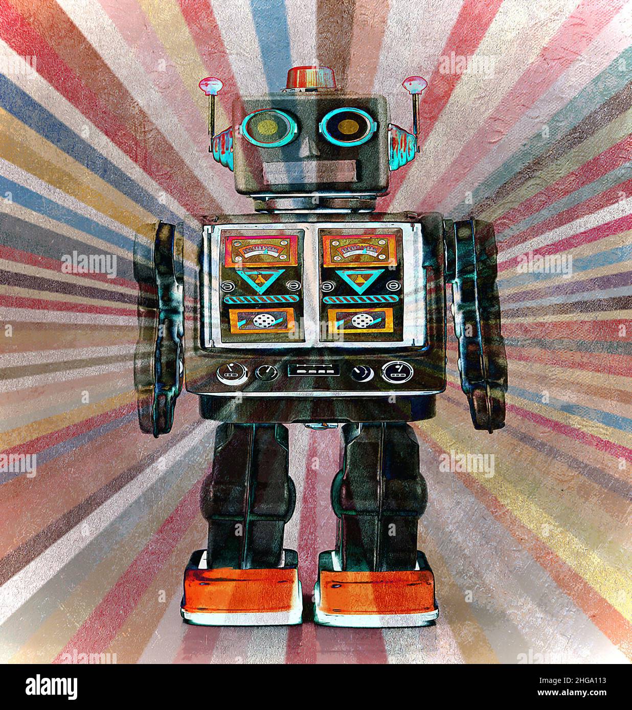 retro robot standing with rainbow background Stock Photo - Alamy