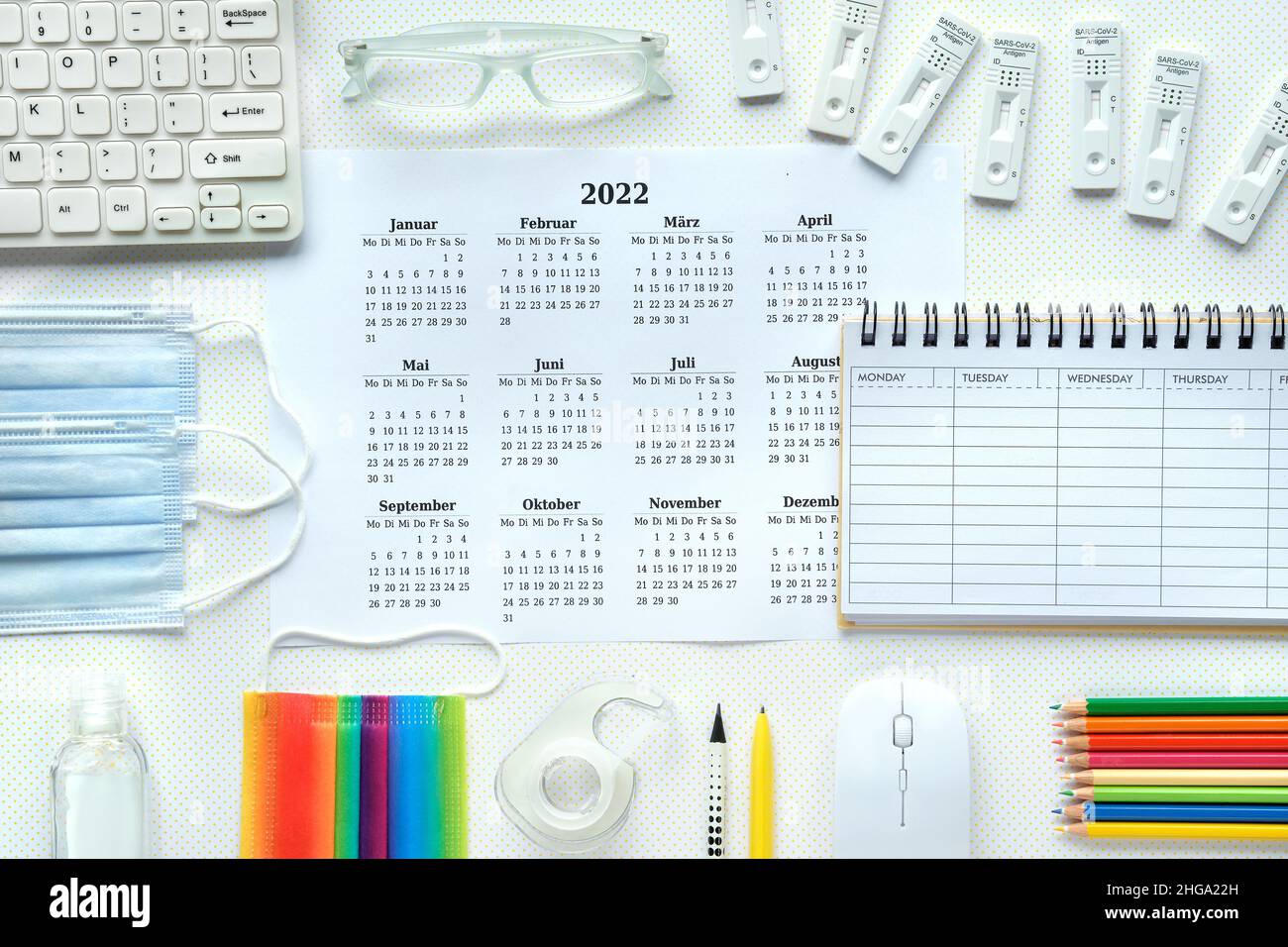 School or university study with rapid covid tests and medical masks. Education during coronavirus pandemics. Blank weekly planner to plan appointments Stock Photo