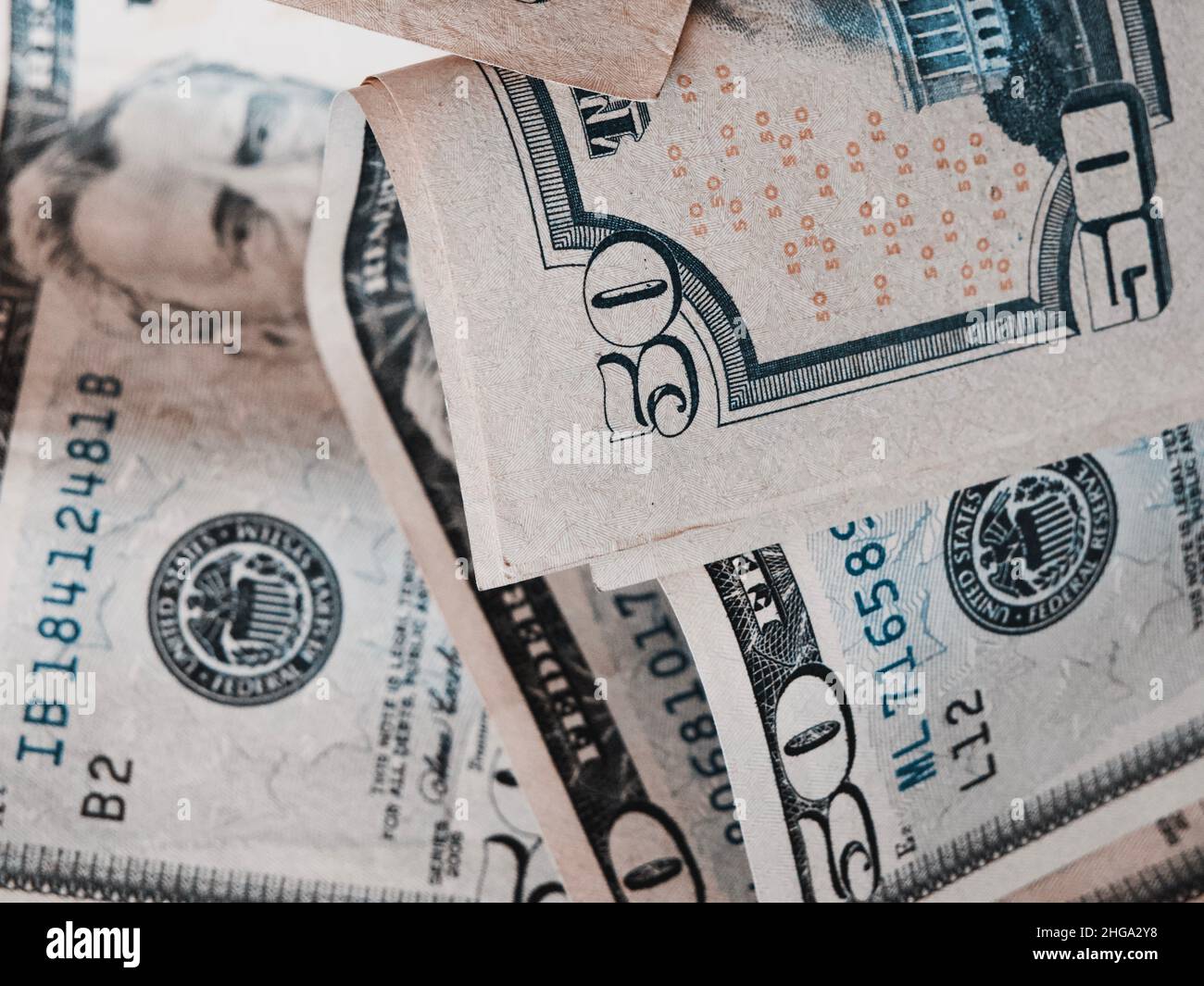 Banknotes with a face value of 50 dollars close-up. American paper money. Stock Photo