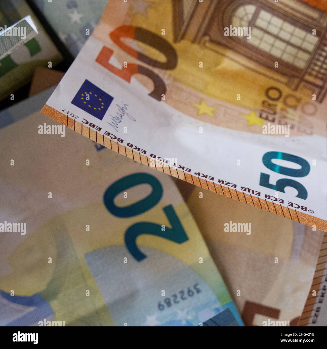 Various banknotes of the European Union in close-up. European paper money. Stock Photo