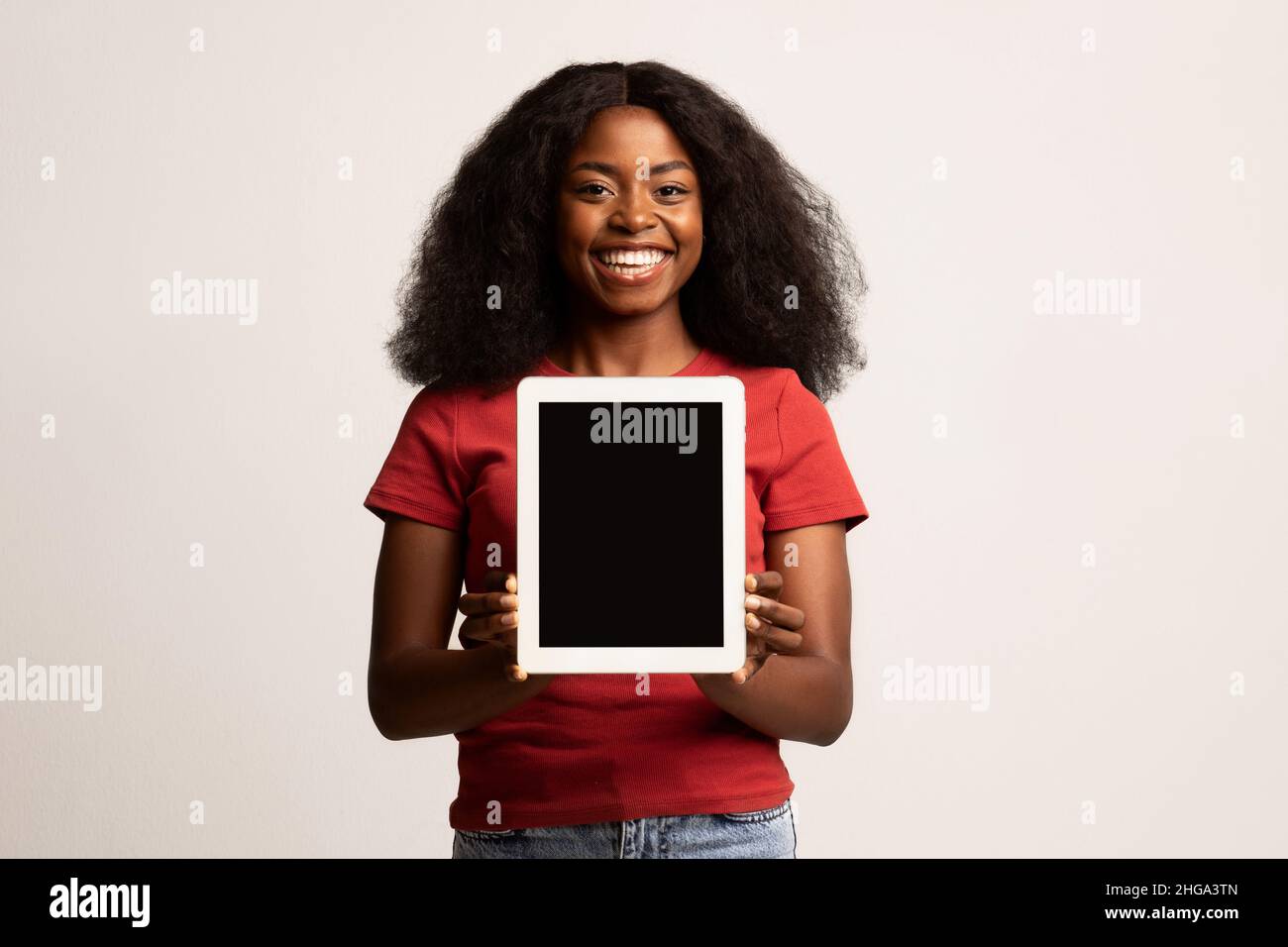 Cool App. Cheerful African American Female Holding Digital Tablet With ...