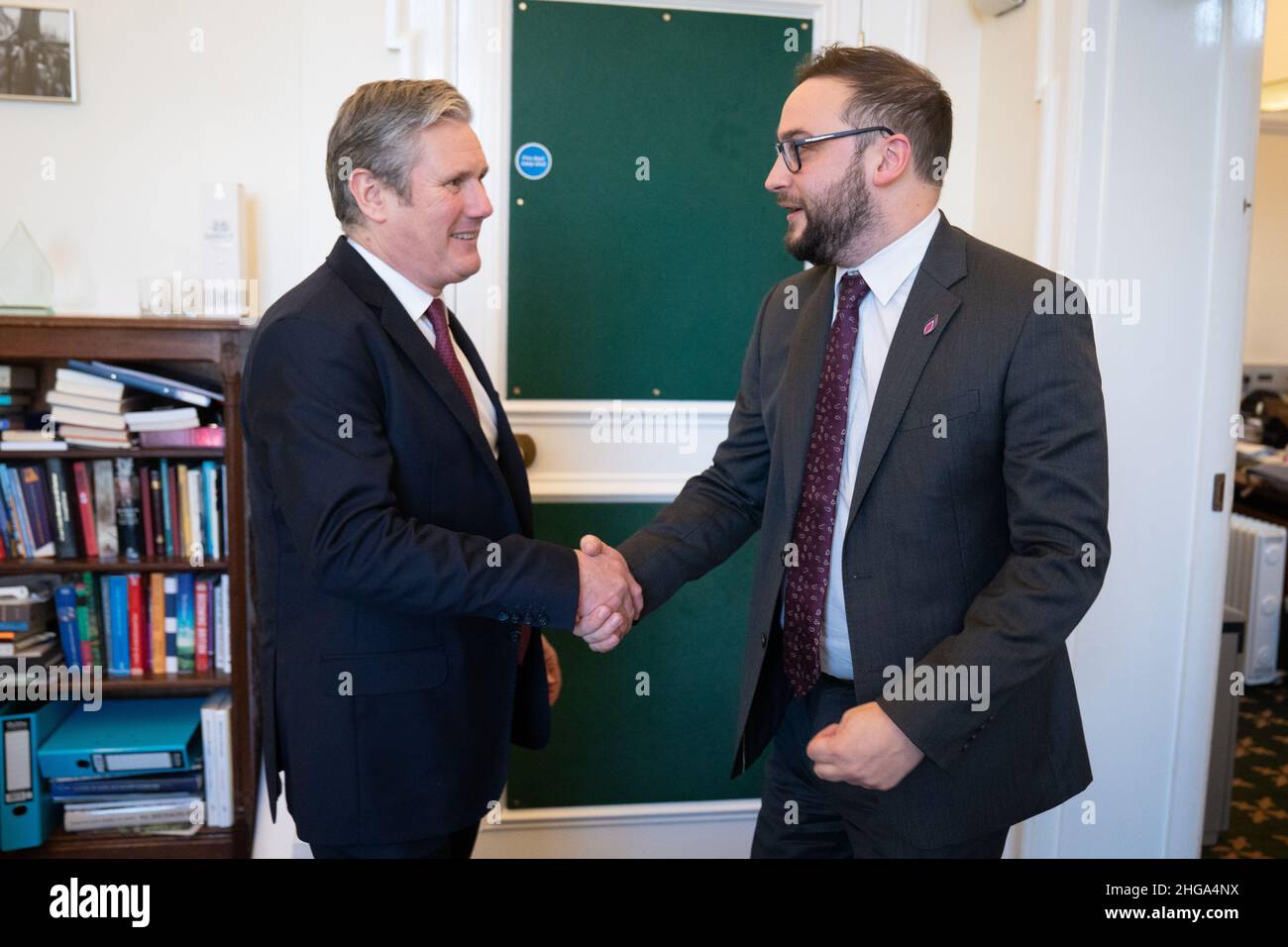 Labour leader Sir Keir Starmer with Bury South MP Christian Wakeford, who has defected from the Conservatives to Labour, in his office in the Houses of Parliament, Westminster. Picture date: Wednesday January 19, 2022. Stock Photo