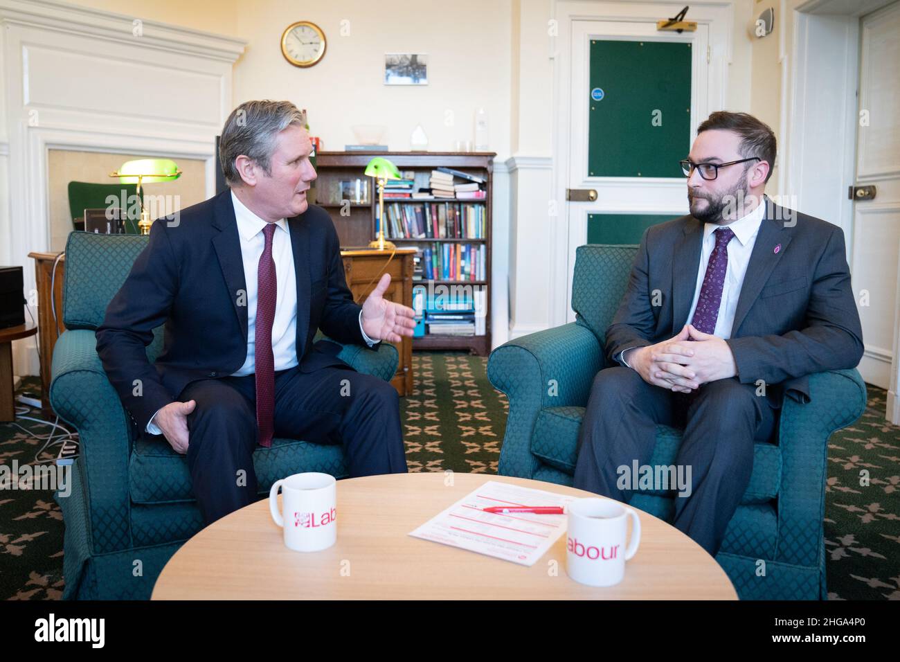 Labour leader Sir Keir Starmer with Bury South MP Christian Wakeford, who has defected from the Conservatives to Labour, in his office in the Houses of Parliament, Westminster. Picture date: Wednesday January 19, 2022. Stock Photo