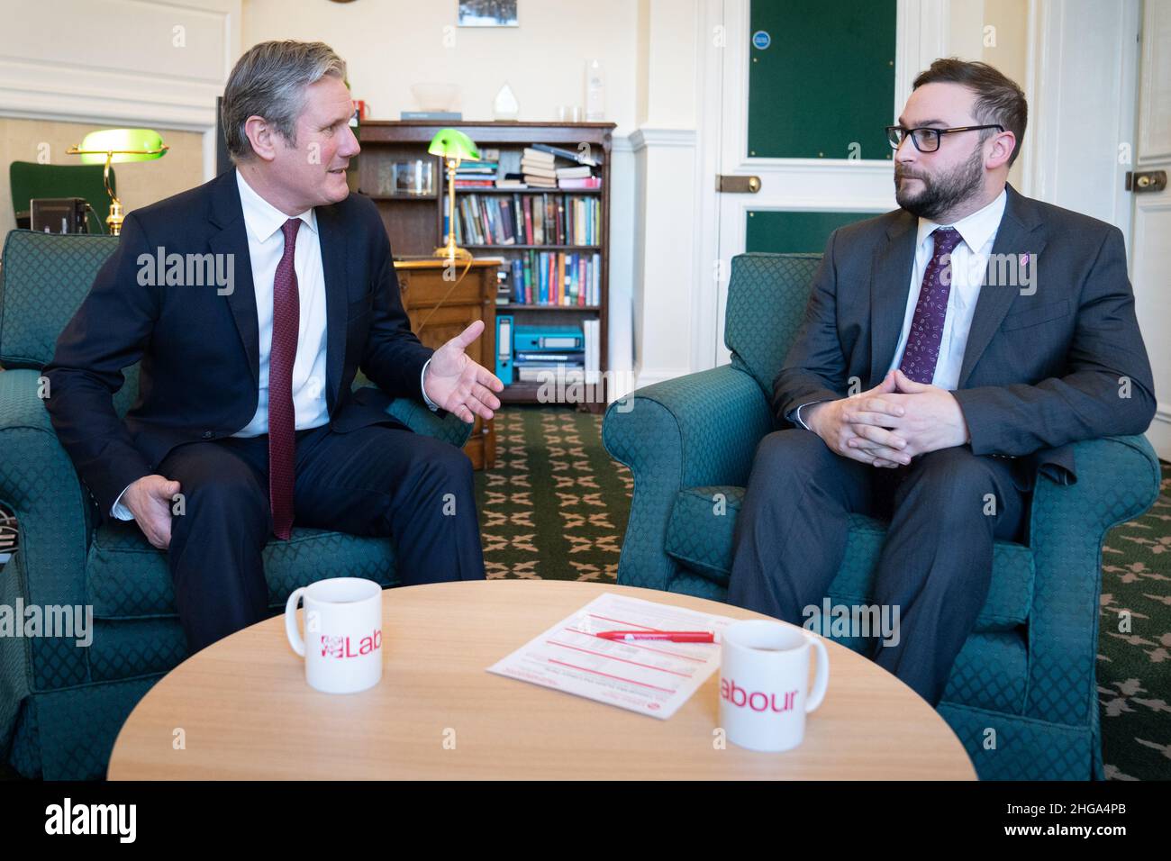Labour leader Sir Keir Starmer with Bury South MP Christian Wakeford, who has defected from the Conservatives to Labour, in his office in the Houses of Parliament, Westminster. Picture date: Wednesday January 19, 2022. Stock Photo